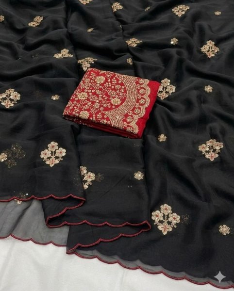 Lightweight Black Tissue Saree with Heavy Embroidered Blouse for Women Silk Sarees Wholesale