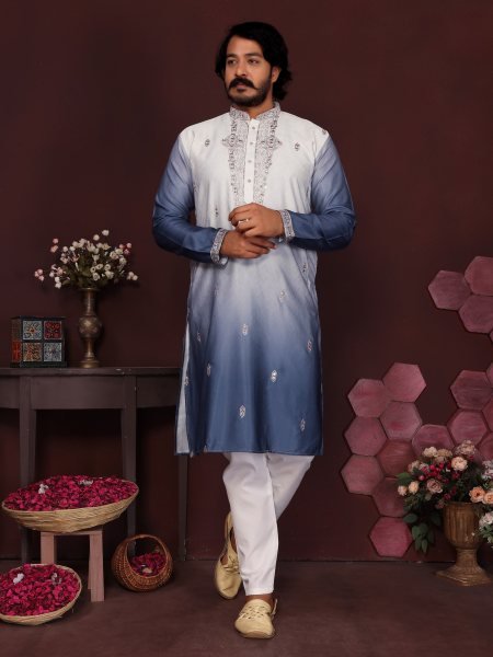 Lightweight Blue Cotton Silk Kurta Pyjama with Embroidery and Sequins For Wedding Kurta Pajama Wholesale