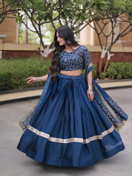 Lightweight Blue Glory Satin Lehenga Choli with Zari Embroidery and Designer Dupatta 