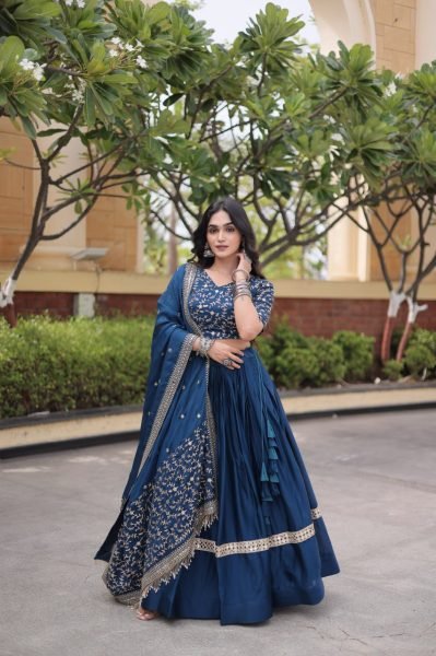 Lightweight Blue Glory Satin Lehenga Choli with Zari Embroidery and Designer Dupatta Designer Lehenga Choli