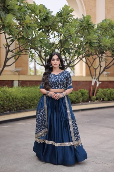 Lightweight Blue Glory Satin Lehenga Choli with Zari Embroidery and Designer Dupatta Designer Lehenga Choli