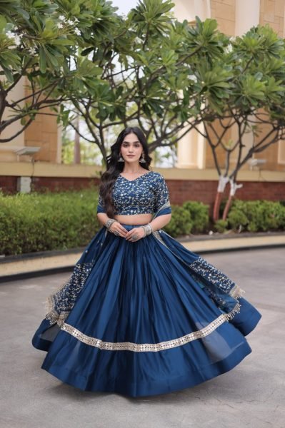 Lightweight Blue Glory Satin Lehenga Choli with Zari Embroidery and Designer Dupatta Designer Lehenga Choli