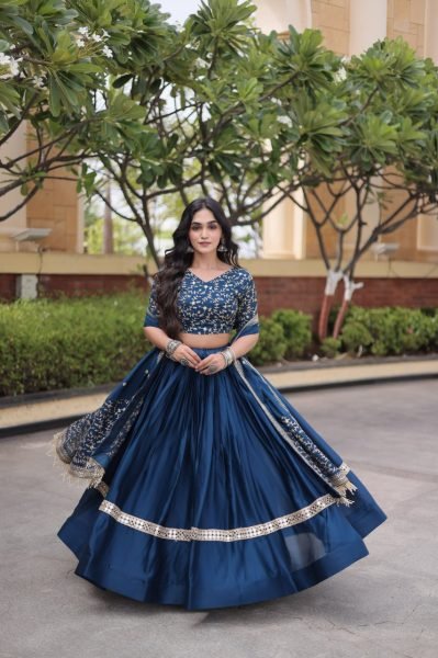Lightweight Blue Glory Satin Lehenga Choli with Zari Embroidery and Designer Dupatta Designer Lehenga Choli