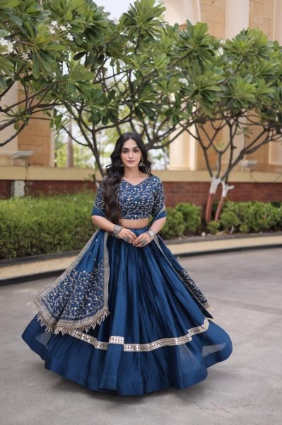 Lightweight Blue Glory Satin Lehenga Choli with Zari Embroidery and Designer Dupatta Designer Lehenga Choli