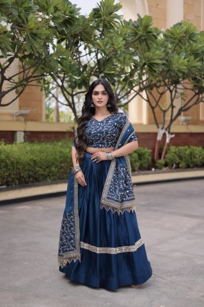 Lightweight Blue Glory Satin Lehenga Choli with Zari Embroidery and Designer Dupatta Designer Lehenga Choli
