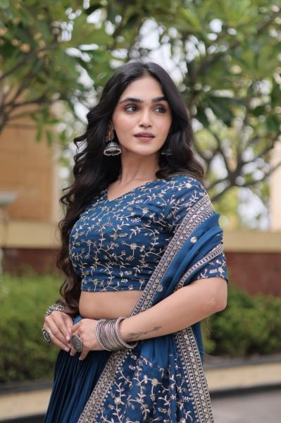 Lightweight Blue Glory Satin Lehenga Choli with Zari Embroidery and Designer Dupatta Designer Lehenga Choli