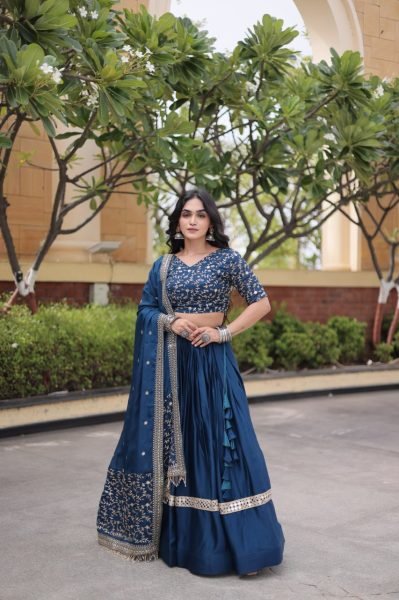 Lightweight Blue Glory Satin Lehenga Choli with Zari Embroidery and Designer Dupatta Designer Lehenga Choli