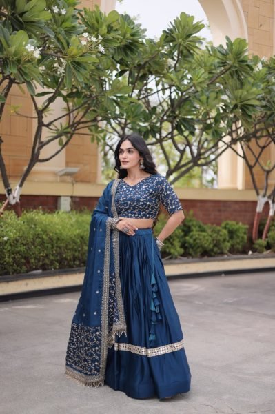 Lightweight Blue Glory Satin Lehenga Choli with Zari Embroidery and Designer Dupatta Designer Lehenga Choli