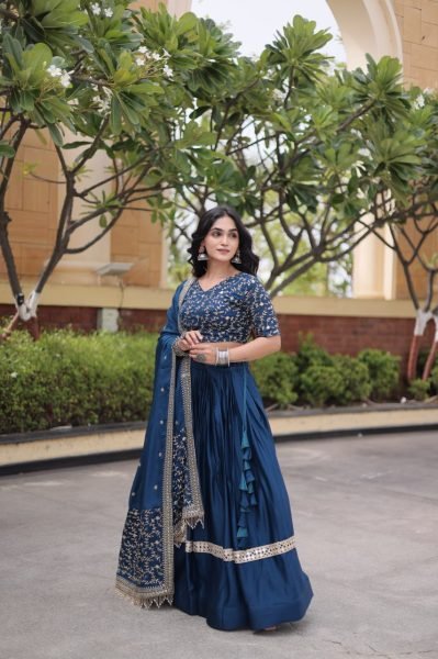 Lightweight Blue Glory Satin Lehenga Choli with Zari Embroidery and Designer Dupatta Designer Lehenga Choli