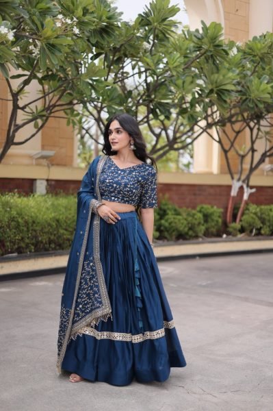Lightweight Blue Glory Satin Lehenga Choli with Zari Embroidery and Designer Dupatta Designer Lehenga Choli