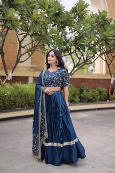 Lightweight Blue Glory Satin Lehenga Choli with Zari Embroidery and Designer Dupatta Designer Lehenga Choli