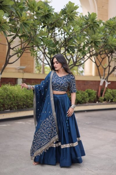 Lightweight Blue Glory Satin Lehenga Choli with Zari Embroidery and Designer Dupatta Designer Lehenga Choli