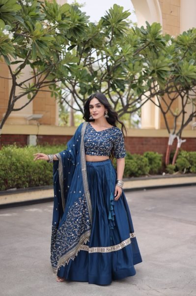 Lightweight Blue Glory Satin Lehenga Choli with Zari Embroidery and Designer Dupatta Designer Lehenga Choli