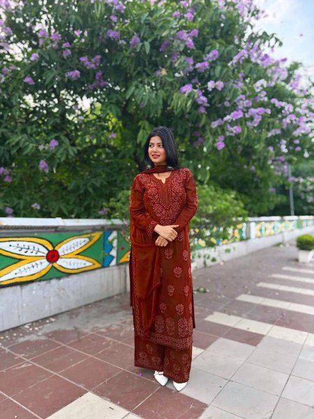 Lightweight Brown Georgette Embroidery Salwar Kameez Set with Palazzo and Lace Dupatta Ready To Wear Collection