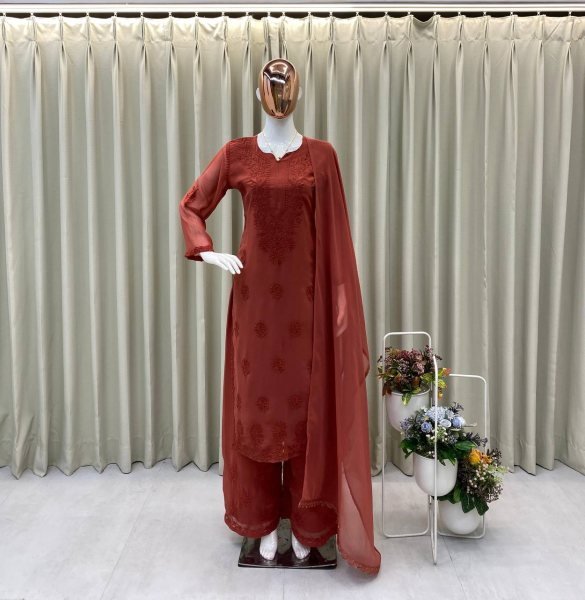 Lightweight Brown Georgette Embroidery Salwar Kameez Set with Palazzo and Lace Dupatta Ready To Wear Collection