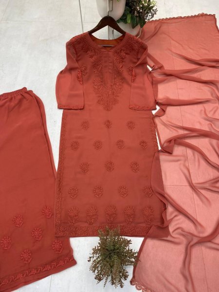 Lightweight Brown Georgette Embroidery Salwar Kameez Set with Palazzo and Lace Dupatta Ready To Wear Collection