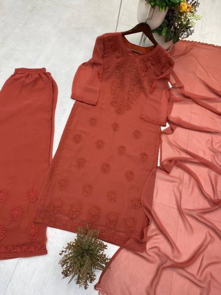 Lightweight Brown Georgette Embroidery Salwar Kameez Set with Palazzo and Lace Dupatta Ready To Wear Collection
