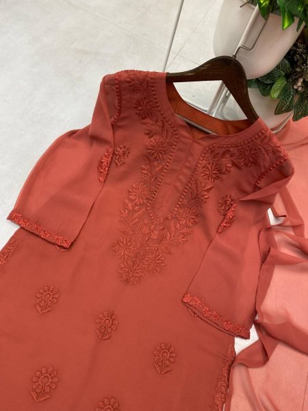 Lightweight Brown Georgette Embroidery Salwar Kameez Set with Palazzo and Lace Dupatta Ready To Wear Collection