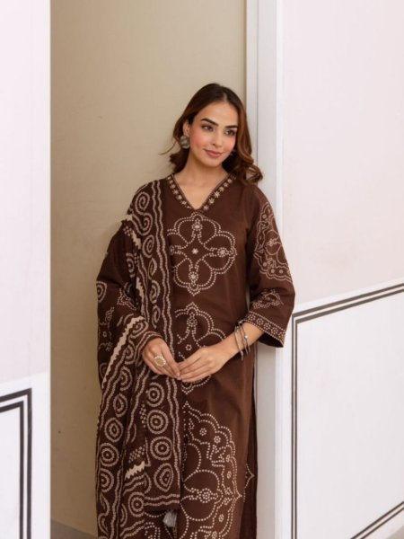 Lightweight Brown Summer Kurti Set with Hand Work for Stylish Daily Look Cotton Kurtis Wholesale
