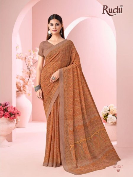 Lightweight Brown Women's Soft Georgette Casual Wear Printed Saree