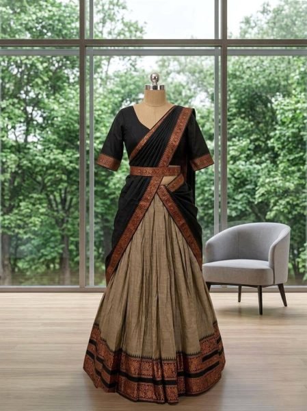 Lightweight Chiku Cotton Silk South Indian Pavadai Dhavani for Traditional Functions Half Saree Lehenga