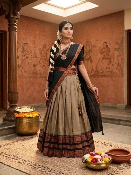 Lightweight Chiku Cotton Silk South Indian Pavadai Dhavani for Traditional Functions Half Saree Lehenga