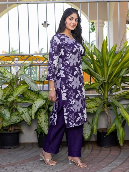 Purple Lightweight Cotton Kurti Set Ready to Wear 2 Piece Floral Design Summer Comfort    Style Kurti With Bottom Wholesale