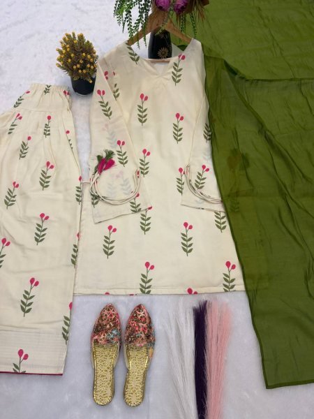 Lightweight Cotton Off white Kurta Set with Farshi Pant   Dupatta Ready To Wear Collection