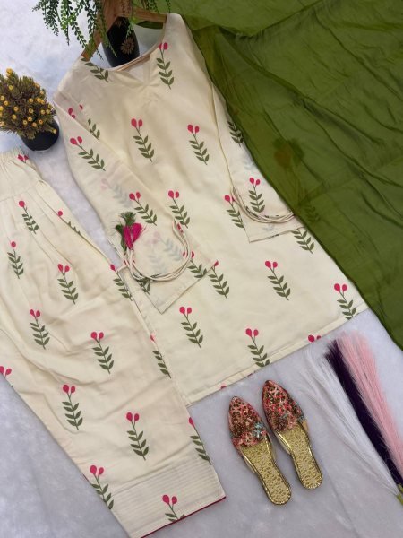 Lightweight Cotton Off white Kurta Set with Farshi Pant   Dupatta Ready To Wear Collection