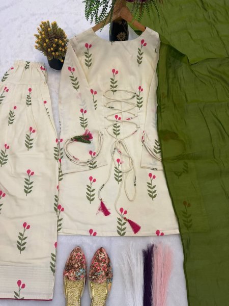 Lightweight Cotton Off white Kurta Set with Farshi Pant   Dupatta Ready To Wear Collection