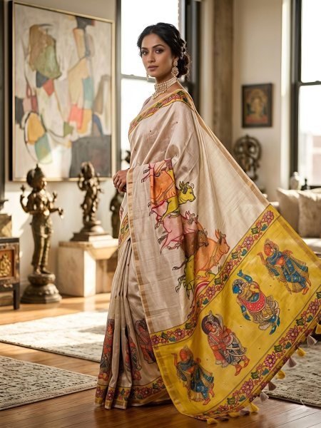 Lightweight Cream Elegant Manipuri Slub Silk Saree with Running Blouse for Festive Wear Sarees 