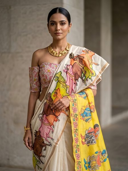 Lightweight Cream Elegant Manipuri Slub Silk Saree with Running Blouse for Festive Wear Silk Sarees Wholesale