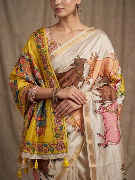 Lightweight Cream Elegant Manipuri Slub Silk Saree with Running Blouse for Festive Wear Silk Sarees Wholesale