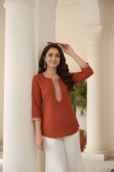 Orange Lightweight Embroidery Top for Summer Collection Tunics kurti