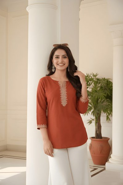 Orange Lightweight Embroidery Top for Summer Collection Tunics kurti