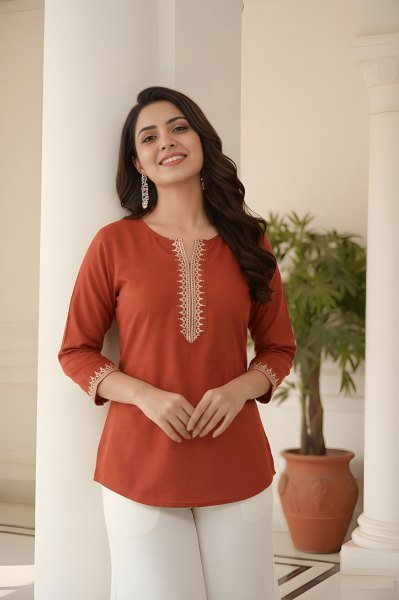 Orange Lightweight Embroidery Top for Summer Collection Tunics kurti