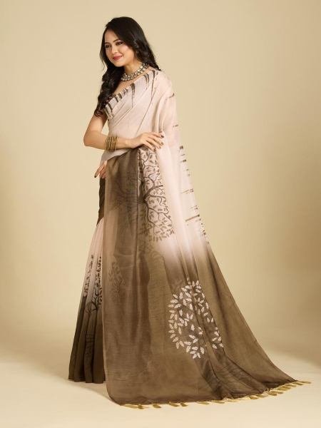 Lightweight Floral Printed Linen Saree with Matching Blouse For Woman Linen Sarees Wholesale