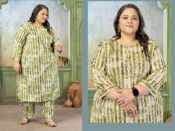 Lightweight Green Printed Set for Summer Wear in Plus Sizes Plus Size Kurti / Gown