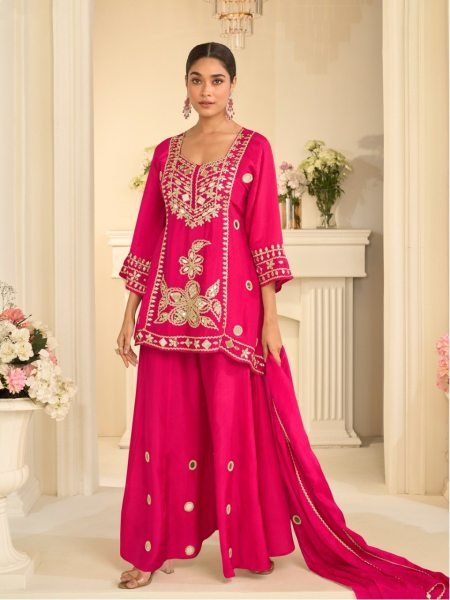 Lightweight Hot Pink Cosmos Silk Sharara Suit with Mirror Work Short Top and Dupatta Designer Plazzo Salwar Suits Wholesale