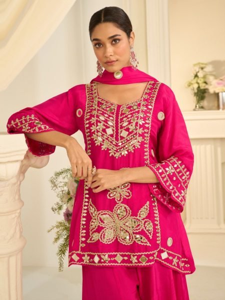 Lightweight Hot Pink Cosmos Silk Sharara Suit with Mirror Work Short Top and Dupatta Designer Plazzo Salwar Suits Wholesale
