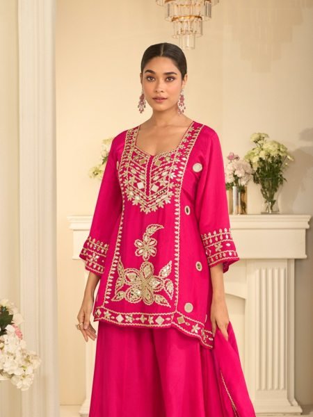 Lightweight Hot Pink Cosmos Silk Sharara Suit with Mirror Work Short Top and Dupatta Designer Plazzo Salwar Suits Wholesale