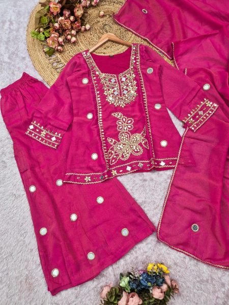 Lightweight Hot Pink Cosmos Silk Sharara Suit with Mirror Work Short Top and Dupatta Designer Plazzo Salwar Suits Wholesale