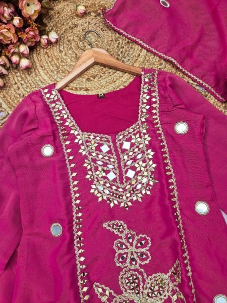Lightweight Hot Pink Cosmos Silk Sharara Suit with Mirror Work Short Top and Dupatta Designer Plazzo Salwar Suits Wholesale