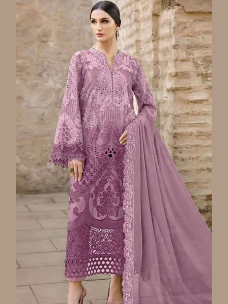 Lightweight Lavender Elegant Sequence Embroidery Chiffon Suit with Crepe Silk Bottom 