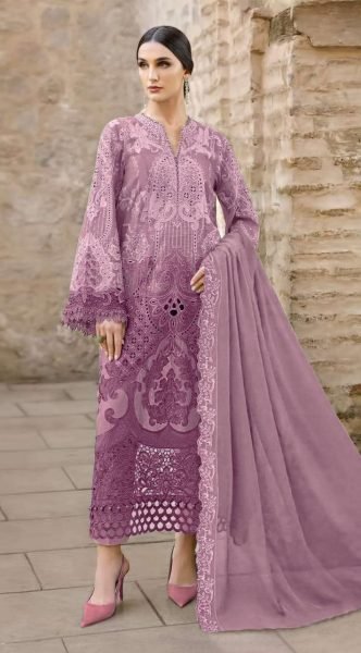 Lightweight Lavender Elegant Sequence Embroidery Chiffon Suit with Crepe Silk Bottom Pakistani Suits Wholesale