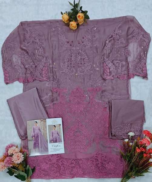 Lightweight Lavender Elegant Sequence Embroidery Chiffon Suit with Crepe Silk Bottom Pakistani Suits Wholesale