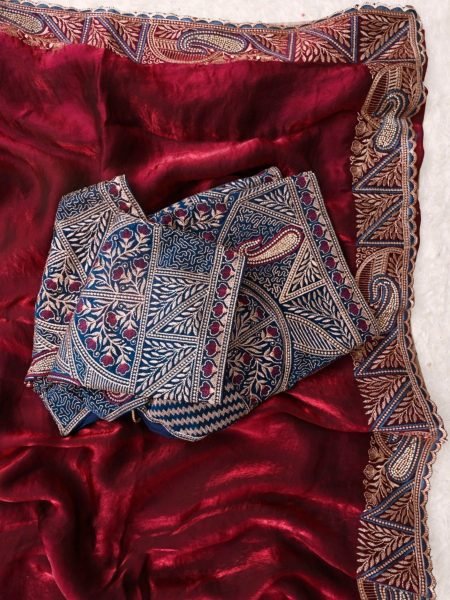 Lightweight Maroon Soft Fendy Satin Saree with Full Stitched Designer Blouse 