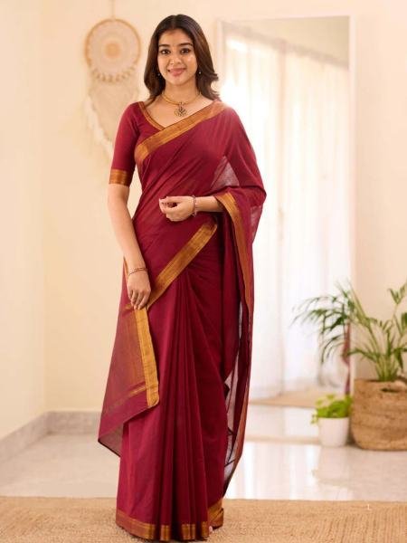 Lightweight Maroon South Cotton Saree with Contrast Waving Border at wholesale rates Sarees 
