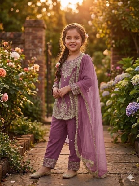 Lightweight Muave Pink Elegant Girls Georgette Sharara Set with Moti Embroidery and Dupatta Girls Wear