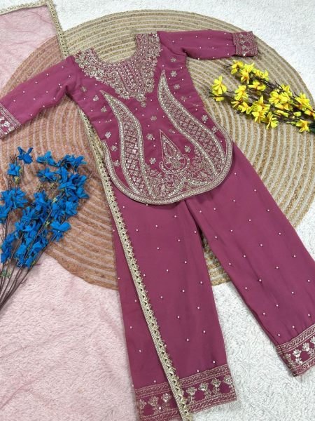 Lightweight Muave Pink Elegant Girls Georgette Sharara Set with Moti Embroidery and Dupatta Girls Wear